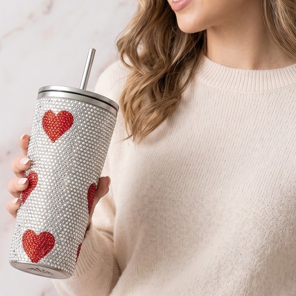 Hydrapeak Journey 25oz Limited Edition Rhinestone Heart Tumbler Silver Red Cup